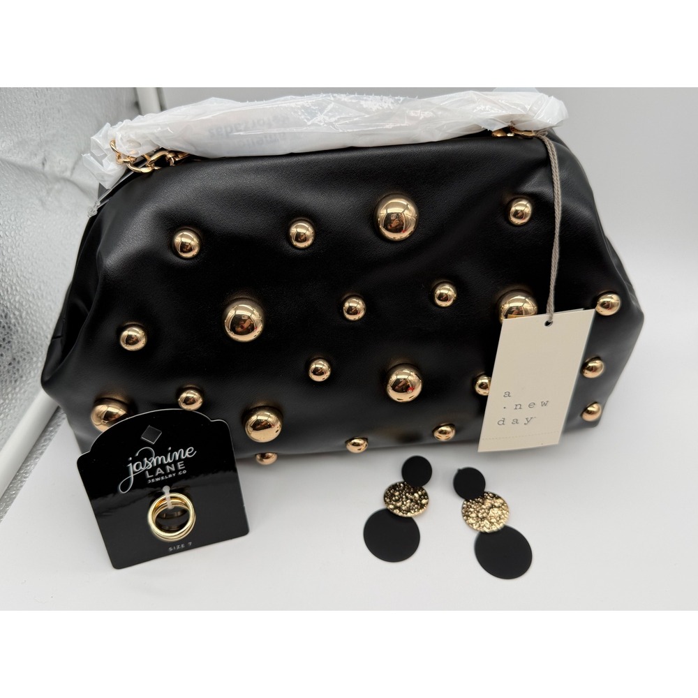 A New Day Black Studded Clutch Bag Bundle with Jasmine Lane Rings and Earrings - Picture 2 of 7
